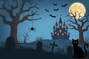 Halloween background spooky haunted house moon bats cat spider graveyard