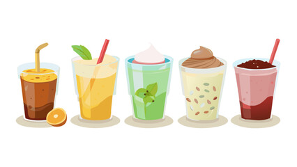 Various cold drinks and desserts set. Collections of coffee, bubble tea, matcha latte, ice cream and other types of beverages in plastic cup, paper mug, glass. Vector illustration.