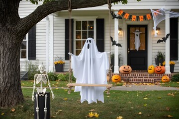 Halloween decorations ghost swing skeleton pumpkins spooky outdoor decor