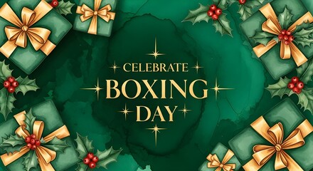 Celebrate boxing day with gift boxes and holly isolated on green background