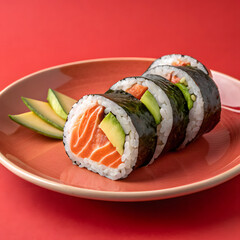 Fresh sushi rolls with salmon and avocado on a vibrant plate, perfect for restaurant menus and food blogs, ready to eat