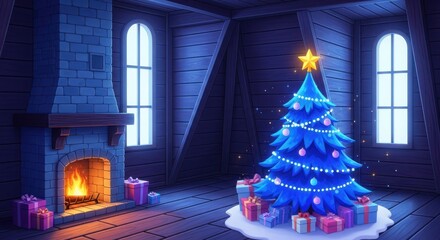 Festive Christmas Interior: A cozy room is bathed in the gentle glow of a fireplace and Christmas tree. Gifts are placed to celebrate holiday season. This scene is filled with warmth.