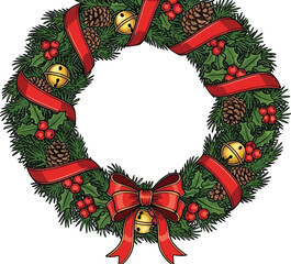 Christmas wreath with red ribbon, pine cones and golden bells isolated on white background