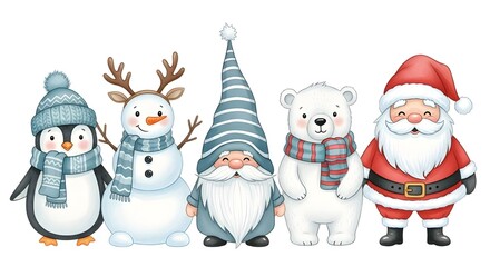 Watercolor christmas characters santa claus, bear, gnome, snowman and penguin
