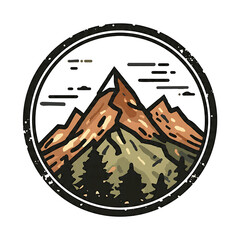 Retro Travel Badge with Stylized Mountain Peaks, Vector Illustration in Earthy Tones