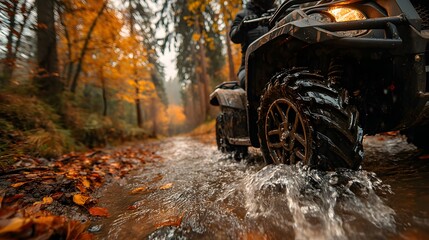 Fototapeta premium ATV splashes through a muddy trail in a vibrant autumn forest. Close-up on the rear tire kicking up mud and water in this dynamic action shot.
