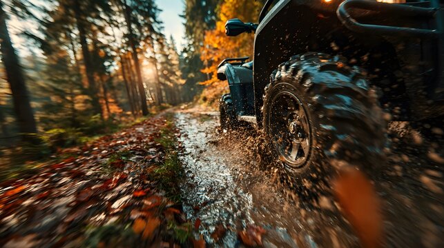 ATV splashes through a muddy trail in a vibrant autumn forest. Close-up on the rear tire kicking up mud and water in this dynamic action shot. - Powered by Adobe