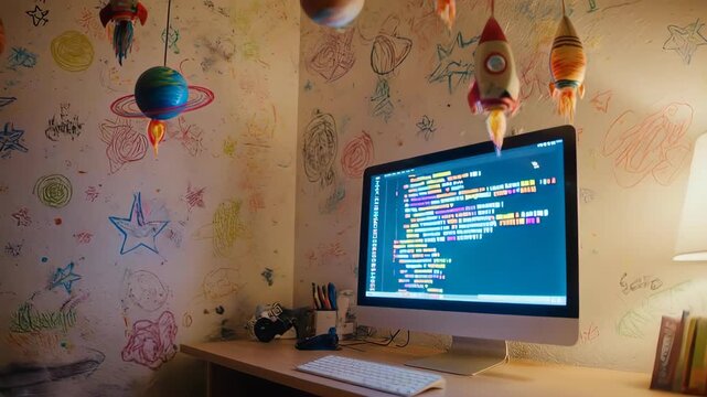 A computer desk setup with space-themed decorations and code on the screen