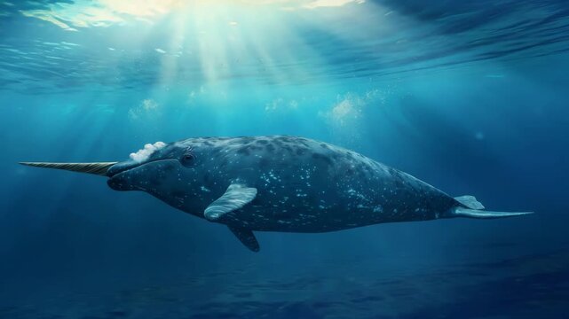 Underwater View of Narwhal with Long Tusk
