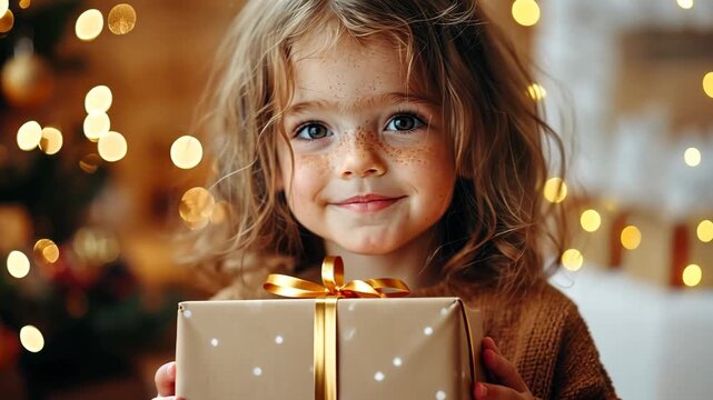 Child delighted with gift in front of twinkling holiday lights