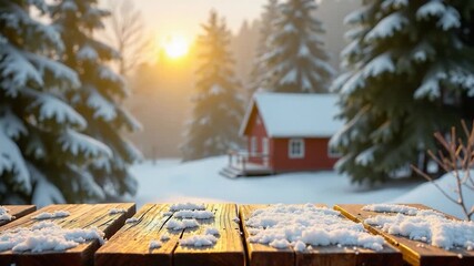 A snowy outdoor scene with a wooden table and a red house in the background - Powered by Adobe