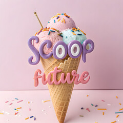 Sweet scoop of the future concept with colorful ice cream cone, sprinkles and 'scoop future' text on a pink backdrop