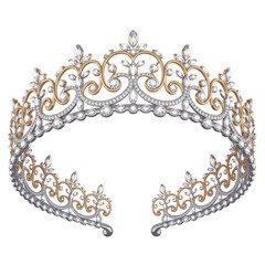 Silver and gold crown with diamonds isolated on transparent background, symbol of royalty and elegance
