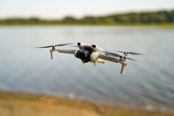 Advanced technology drone hovering over calm air