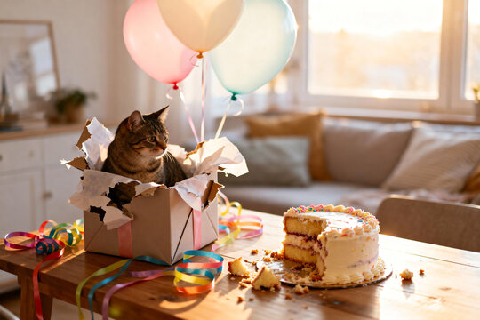 Half-eaten birthday cake with ribbons, balloons, and a cat sitting in a ripped present box on a quiet after-party morning scene with clean copy space - Powered by Adobe
