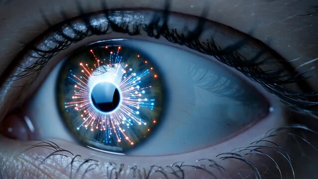 Intricate Close-Up of an Human Eye with Digital Effects and Light Reflections