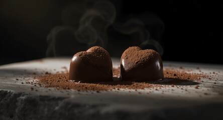 Chocolate Heart Candies with Cocoa Powder on Dark Surface in Low Light