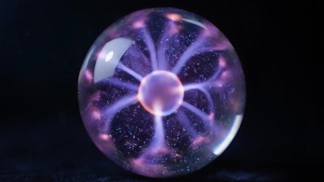 Glass plasma ball with violet lightnings on dark background