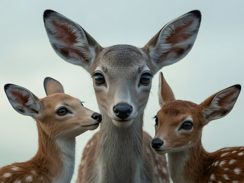 Three deer family portrait with mother and two fawns - Powered by Adobe