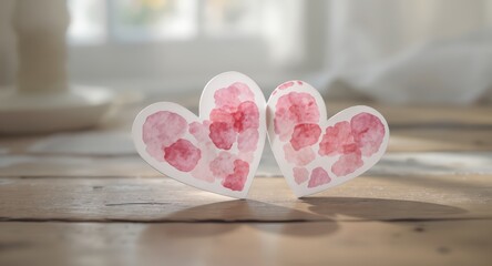 Watercolor Pink Heart Cutouts on Wooden Surface in Bright Natural Light