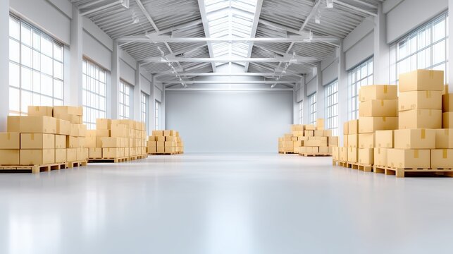 Bright Modern Warehouse Interior With Cardboard Boxes