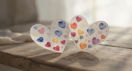 Colorful Heart-shaped Paper Decorations on Wooden Surface in Soft Natural Light