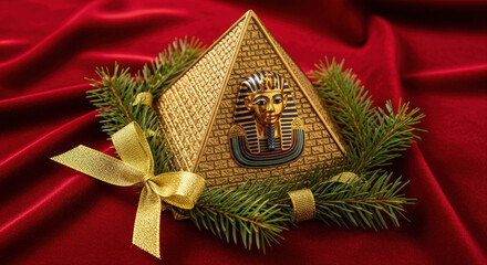 Egyptian Christmas Pyramid, Pharaoh Gold, Red Velvet, Festive Decor. Pine branch and gold ribbon positioned around the ornament.