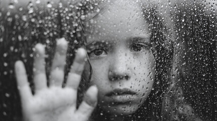 A monochrome image captures a child's gaze behind a rain-streaked window, hand pressed against the glass, evoking melancholy and introspection.
