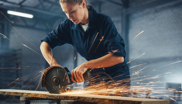 Skilled artisan crafting wood with a grinder, sparks flying in industrial setting, showcasing precision and dedication to woodworking projects and manufacturing