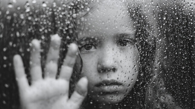 A monochrome image captures a child's gaze behind a rain-streaked window, hand pressed against the glass, evoking melancholy and introspection.