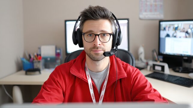 A focused man with glasses and a headset sits at a desk, engaged in a virtual meeting, surrounded by computers and office supplies.