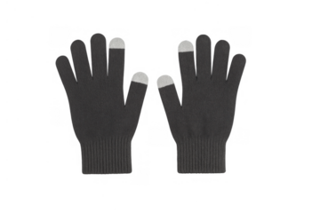 Black touchscreen gloves providing warmth and connectivity during winter, enabling device use in cold weather, transparent background