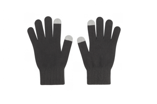 Black touchscreen gloves providing warmth and connectivity during winter, enabling device use in cold weather, transparent background