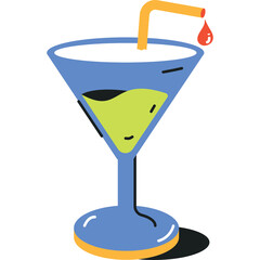 Blue Martini Glass With Green Liquid And Yellow Straw A Red Drop Falling From The Straw With Transparent Background And Orange Base