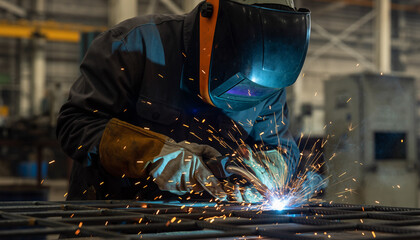 Skilled welder focused on precise metalwork with bright sparks flying, creating strong durable structure for industry, manufacturing, and infrastructure projects