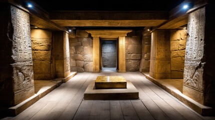 A dark, ancient chamber with intricately carved stone pillars, illuminated by soft lights, showcasing historical architecture and a central stone platform.