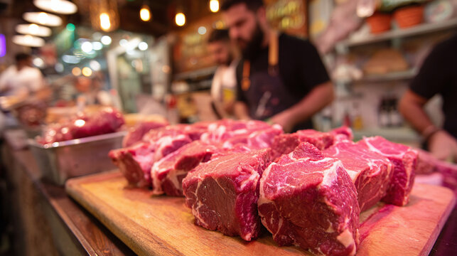 Fresh cuts of beef sit neatly on a wooden board, showcased in a market setting with vendors working behind the counter. Quality meat display.