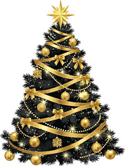 Black christmas tree decorated with golden ornaments isolated on white background
