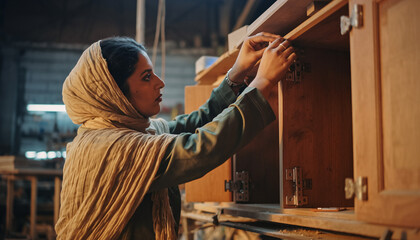 Dedicated craftswoman skillfully assembles handcrafted wooden furniture with precision, showcasing artistry and dedication to fine woodworking details