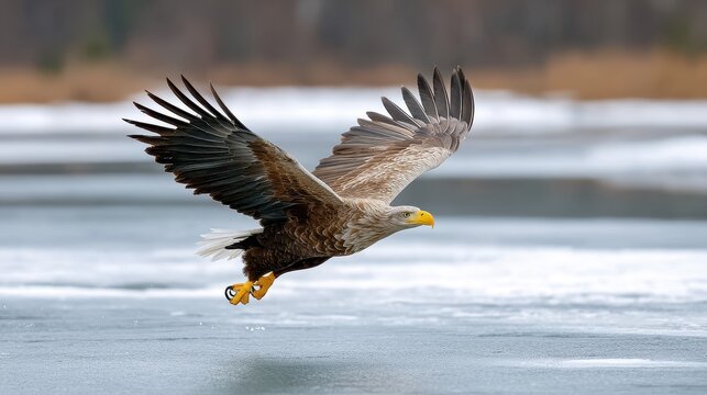 A majestic eagle soars over a frozen landscape, showcasing its powerful wings and keen hunting instincts.