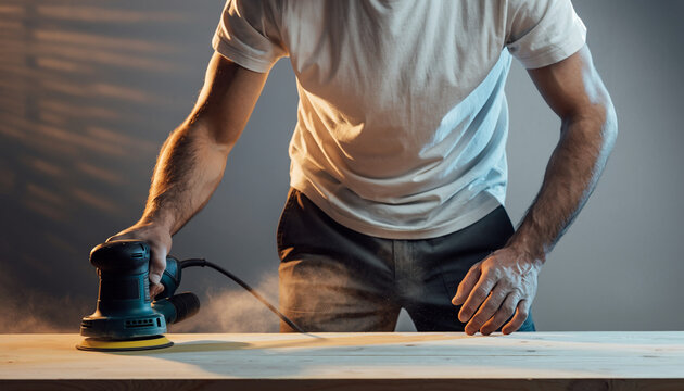 Craftsman sanding wooden surface with power tool, creating smooth finish for furniture project, professional carpentry and creative woodworking concept