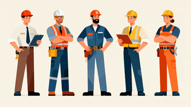 A collection of professional figures such as engineers, maintenance technicians and repairmen, with cartoon hand-drawn vector illustrations