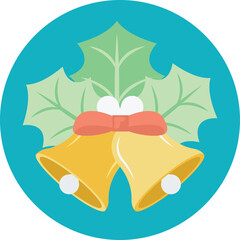 Christmas Bells And Holly Icon With A Red Bow On A Teal Circle Background Representing The Holiday Season