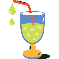 Clear glass goblet filled with pale green liquid and ice cubes with red straw and falling droplets on transparent background with orange pedestal and black shadow