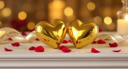 Gold Heart Balloons Surrounded by Rose Petals and Candles for Romantic Celebration