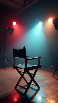 A single director's chair sits in a dimly lit room, perfect for filming or 