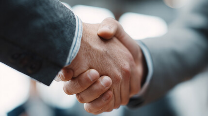 Close-up of a firm handshake between two individuals, symbolizing agreement, partnership, and successful collaboration in a professional setting.