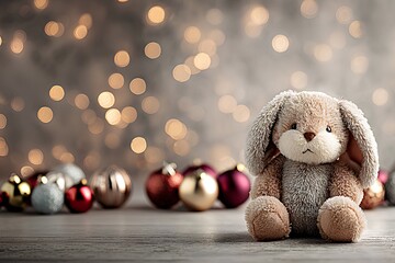 Christmas greeting card featuring a sweet, plush bunny sitting amidst a collection of charming New Year's ornaments. This adorable image offers ample blank space, ideal for adding your custom messages