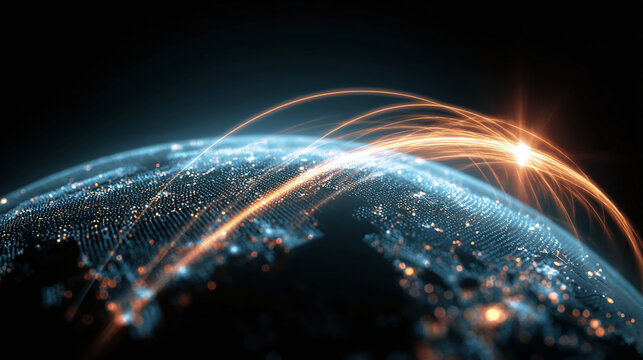 Global connectivity is visualized with glowing light trails over a digital sphere, representing interconnectedness and technological advancement.