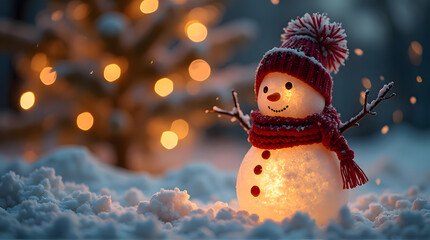 Adorable Christmas Snowman in Snowdrift with Knit Hat and Festive Holiday Background